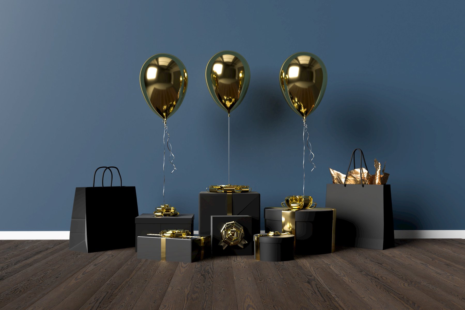 Gold Balloons and Black Boxes on Blue Background
